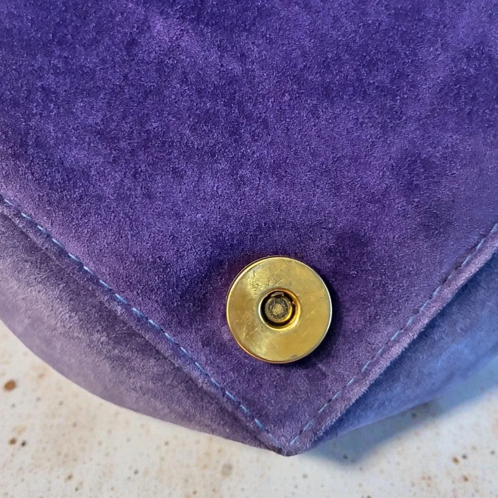Vintage 80s La Bon Bag Purple Suede Geometric Crossbody Purse Sunburst Medallion - Picture 6 of 8